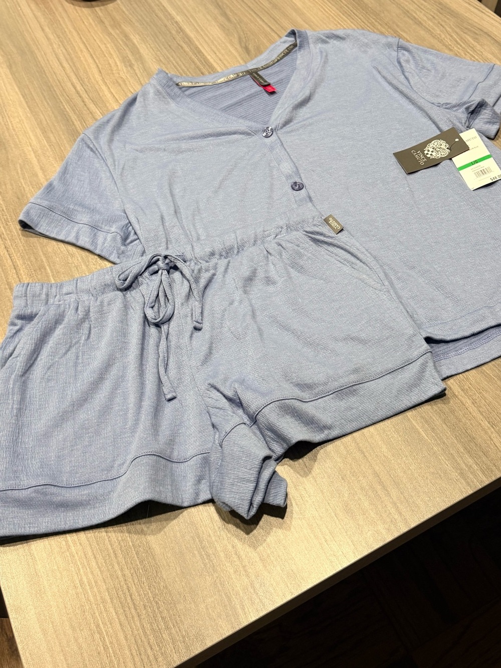 Vince Camuto Light Blue Short Sleeve Button Sleep Top & Drawstring Pajama Set